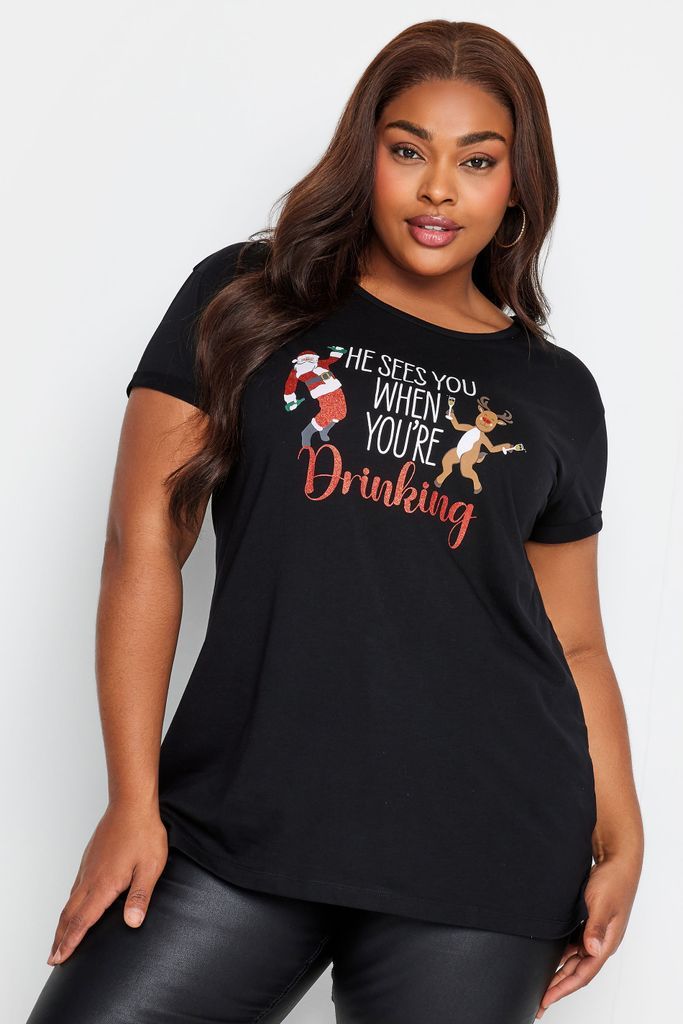 Curve Black 'He See's You When You're Drinking' Christmas Tshirt, Women's Curve & Plus Size, Yours