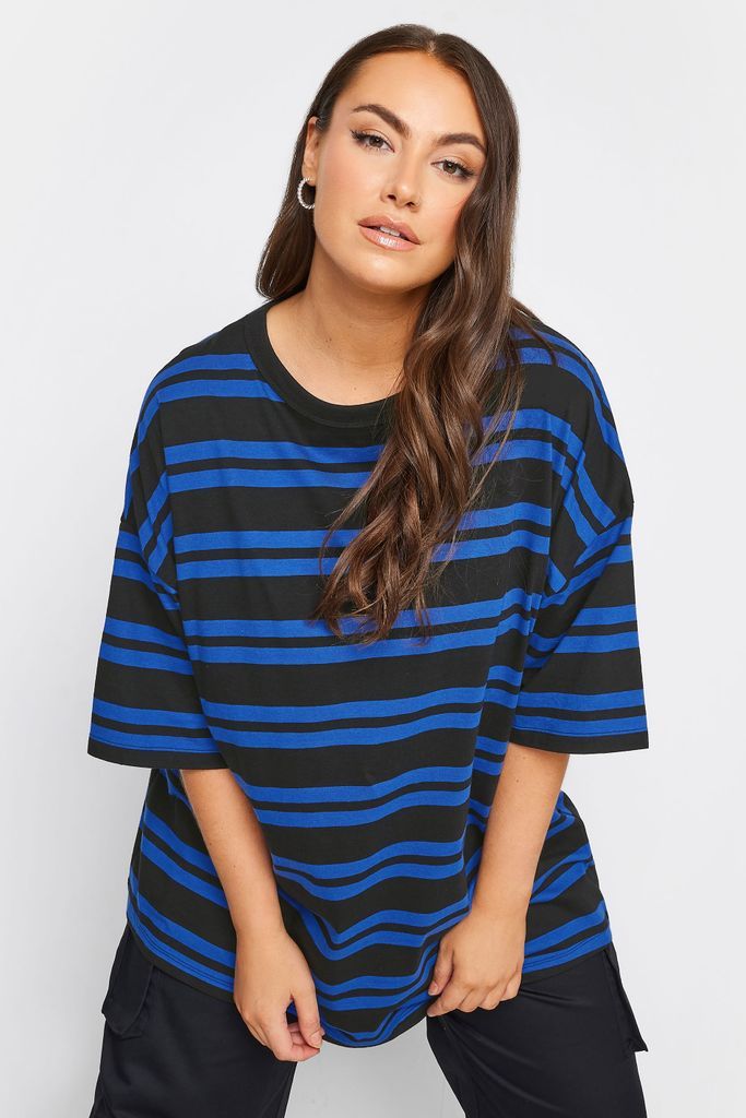 Curve Cobalt Blue Double Stripe Oversized Boxy Tshirt, Women's Curve & Plus Size, Yours
