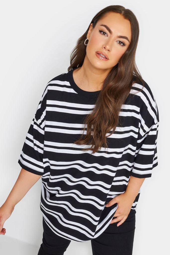 Curve Black Double Stripe Oversized Boxy Tshirt, Women's Curve & Plus Size, Yours