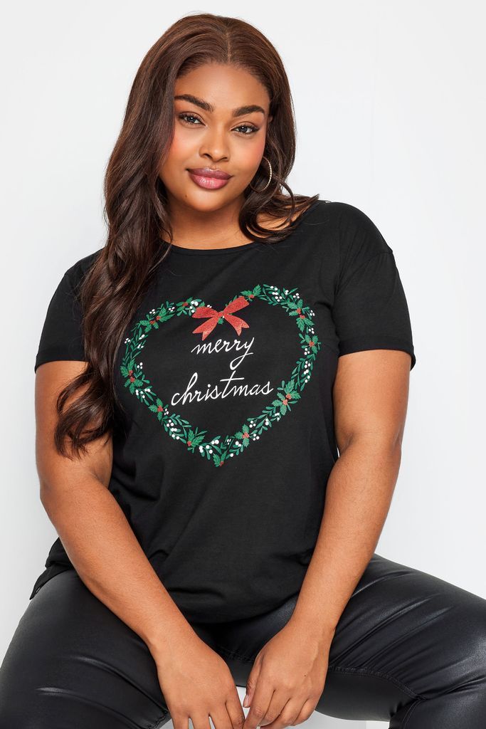 Curve Black 'Merry Christmas' Slogan Tshirt, Women's Curve & Plus Size, Yours