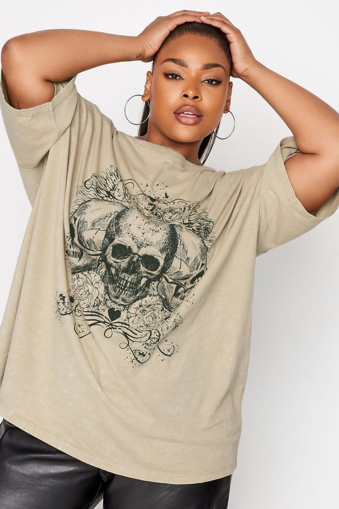 Curve Beige Brown Skeleton Print Tshirt, Women's Curve & Plus Size, Yours