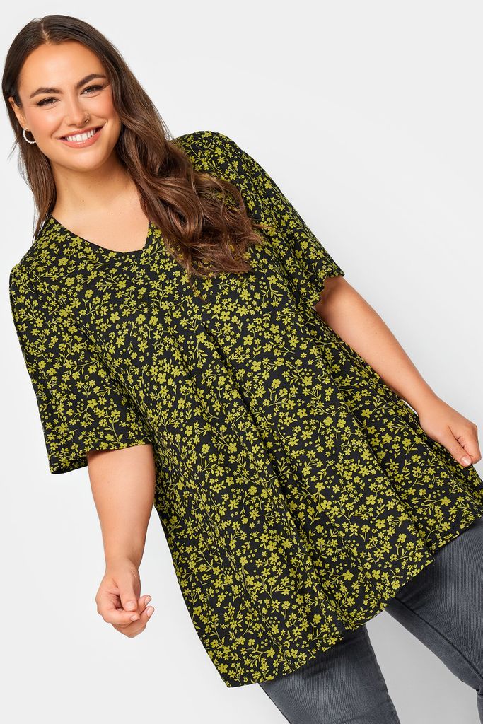 Curve Yellow Floral Print Pleat Front Top, Women's Curve & Plus Size, Yours