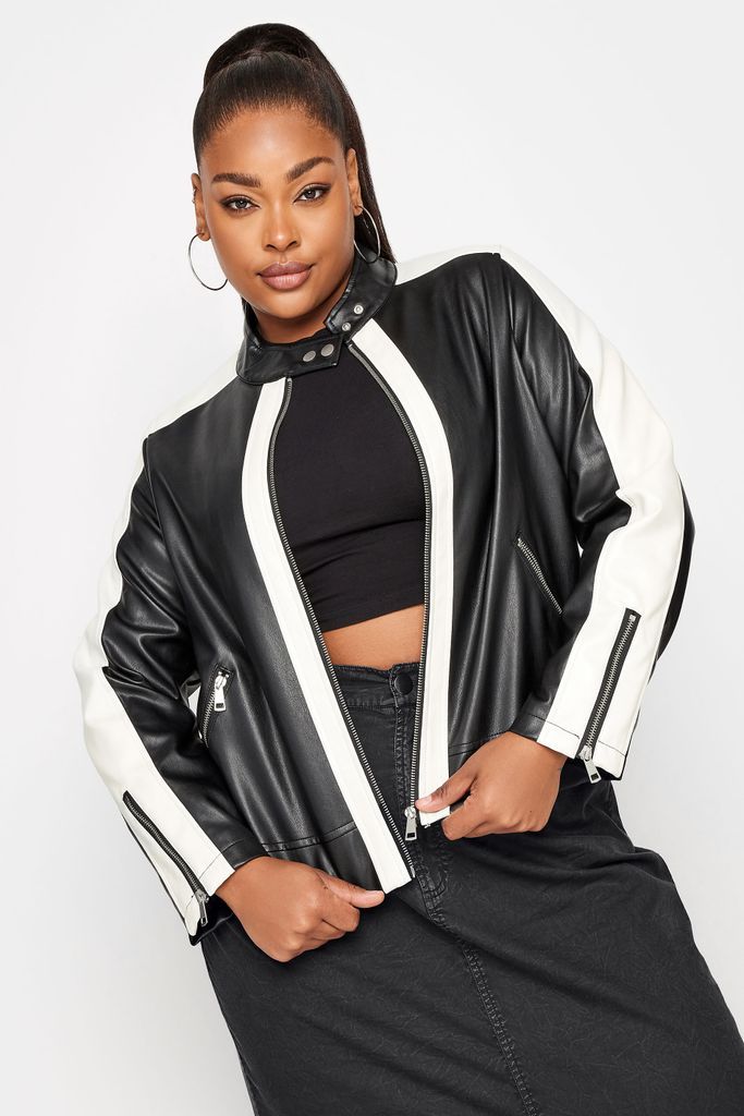 Curve Black Faux Leather Contrast Stripe Biker Jacket, Women's Curve & Plus Size, Yours