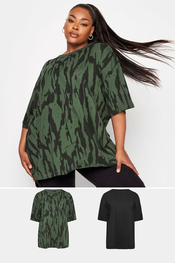 2 Pack Curve Khaki Green & Black Animal Print Tshirts, Women's Curve & Plus Size, Yours