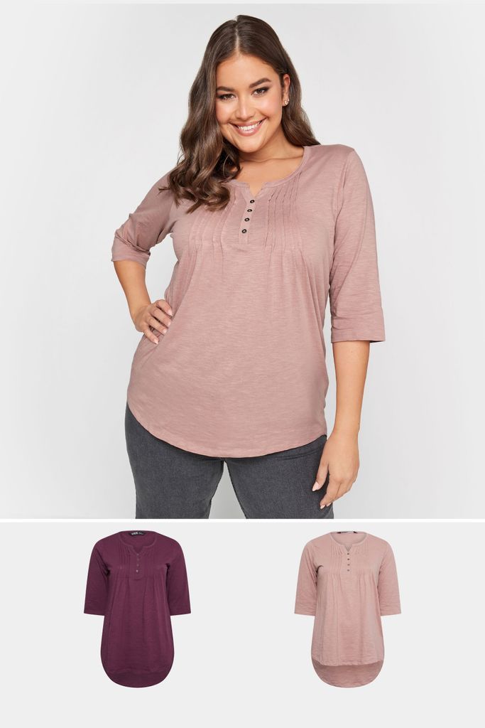 Curve 2 Pack Pink & Purple Pintuck Henley Tops, Women's Curve & Plus Size, Yours
