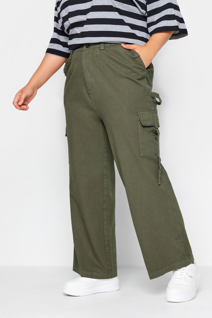 Curve Khaki Green Wide Leg Twill Cargo Trousers, Women's Curve & Plus Size, Yours