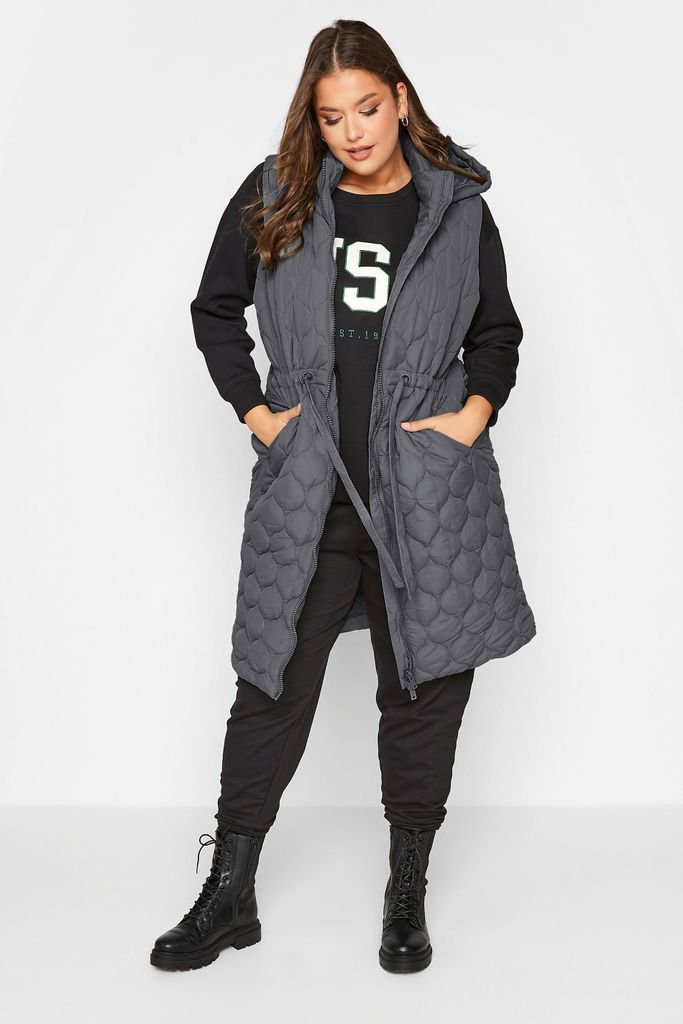 Curve Grey Quilted Midi Hooded Gilet, Women's Curve & Plus Size, Yours
