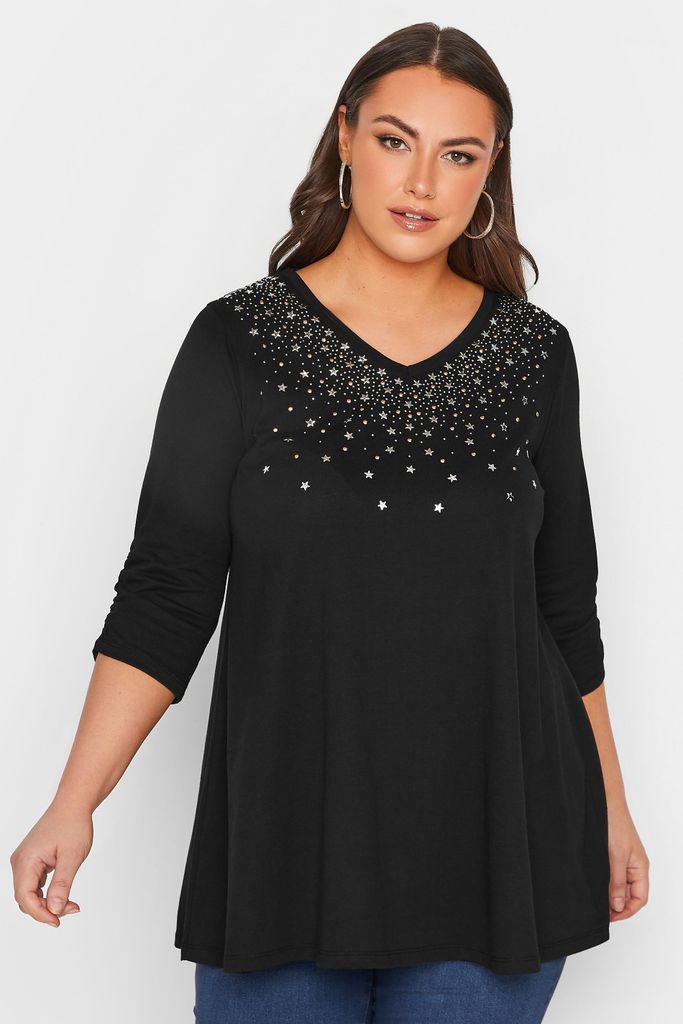 Curve Black Star Embellished Top, Women's Curve & Plus Size, Yours