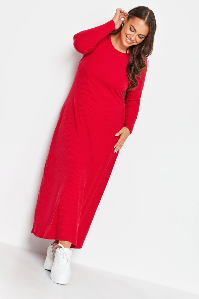 Curve Red Ribbed Long Sleeve Swing Maxi Dress, Women's Curve & Plus Size, Yours