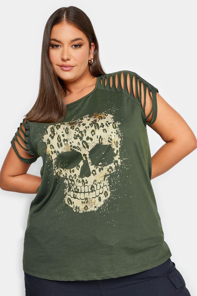 Curve Khaki Green Skull Print Tshirt, Women's Curve & Plus Size, Yours