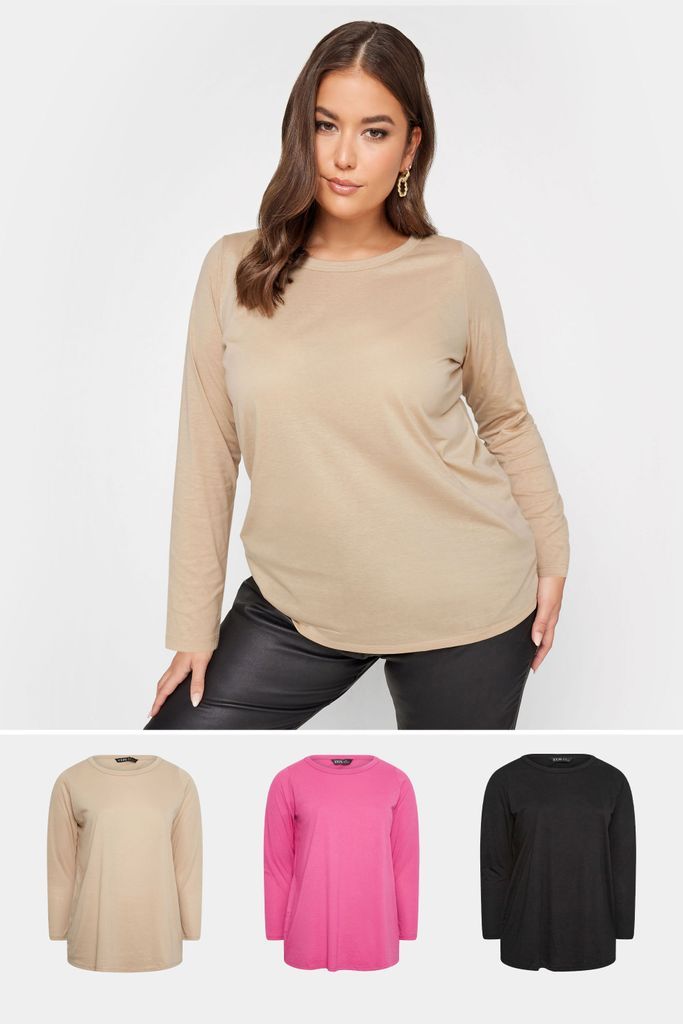 Curve 3 Pack Beige Brown & Pink Long Sleeve Tops, Women's Curve & Plus Size, Yours