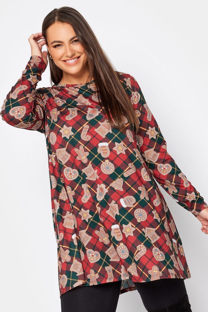 Curve Red Gingerbread Check Print Tunic Top, Women's Curve & Plus Size, Yours