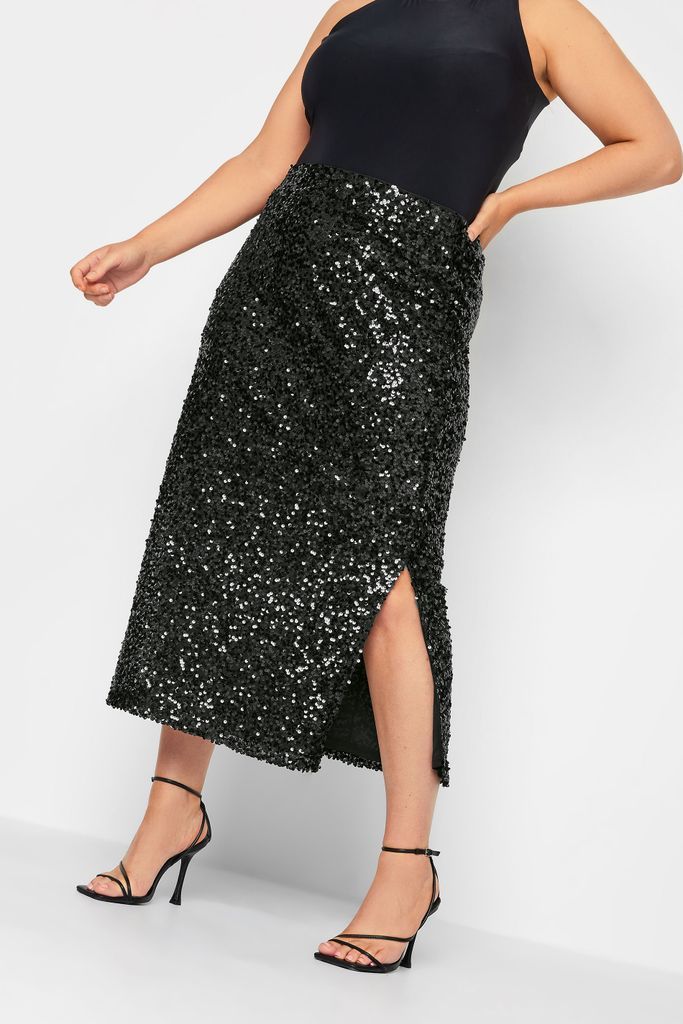 Curve Black Sequin Embellished Maxi Tube Skirt, Women's Curve & Plus Size, Yours London