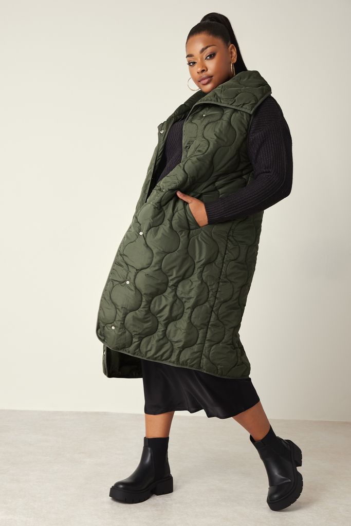 Curve Olive Green Funnel Neck Quilted Longline Gilet, Women's Curve & Plus Size, Yours