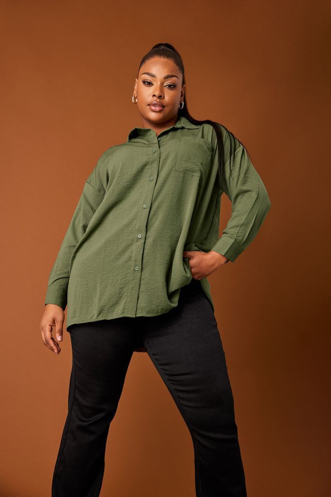 Curve Khaki Green Textured Boyfriend Shirt, Women's Curve & Plus Size, Yours