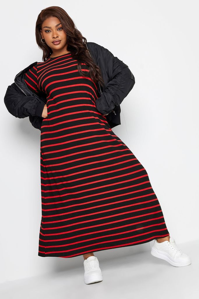 Curve Red Striped Ribbed Long Sleeve Swing Maxi Dress, Women's Curve & Plus Size, Yours
