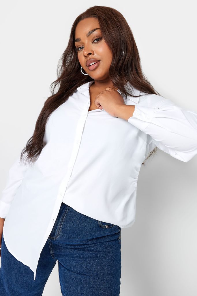 Curve White Long Sleeve Ruched Shirt, Women's Curve & Plus Size, Yours