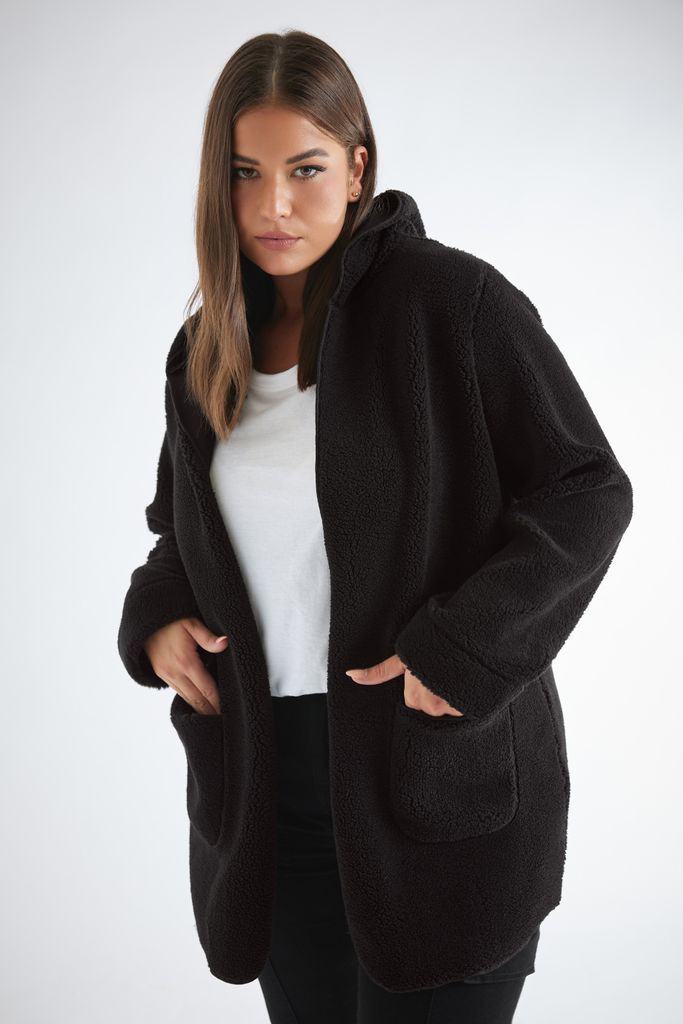 Curve Black Teddy Hooded Jacket, Women's Curve & Plus Size, Yours