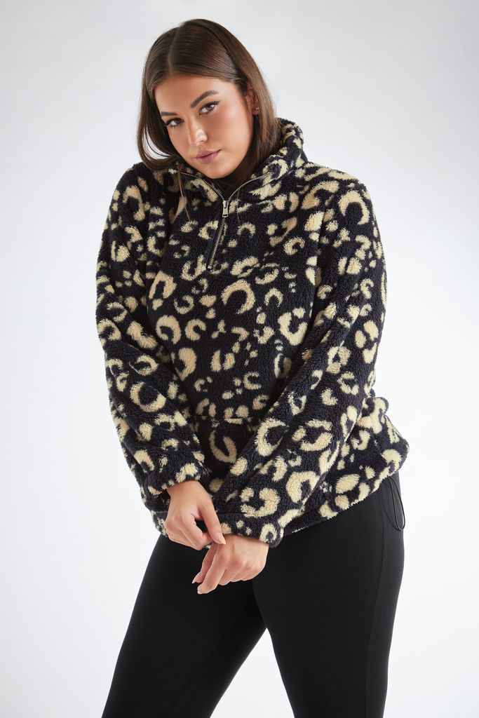 Curve Black Leopard Print Half Zip Fleece Sweatshirt, Women's Curve & Plus Size, Yours
