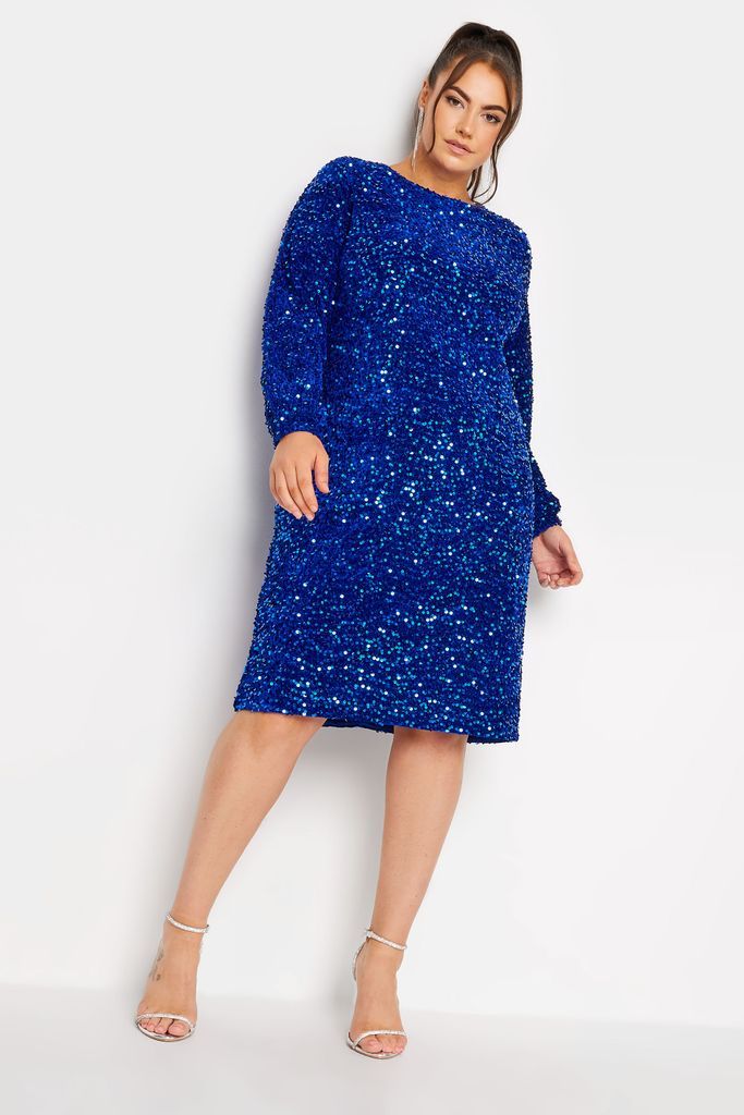 Curve Cobalt Blue Long Sleeve Sequin Shift Dress, Women's Curve & Plus Size, Yours London