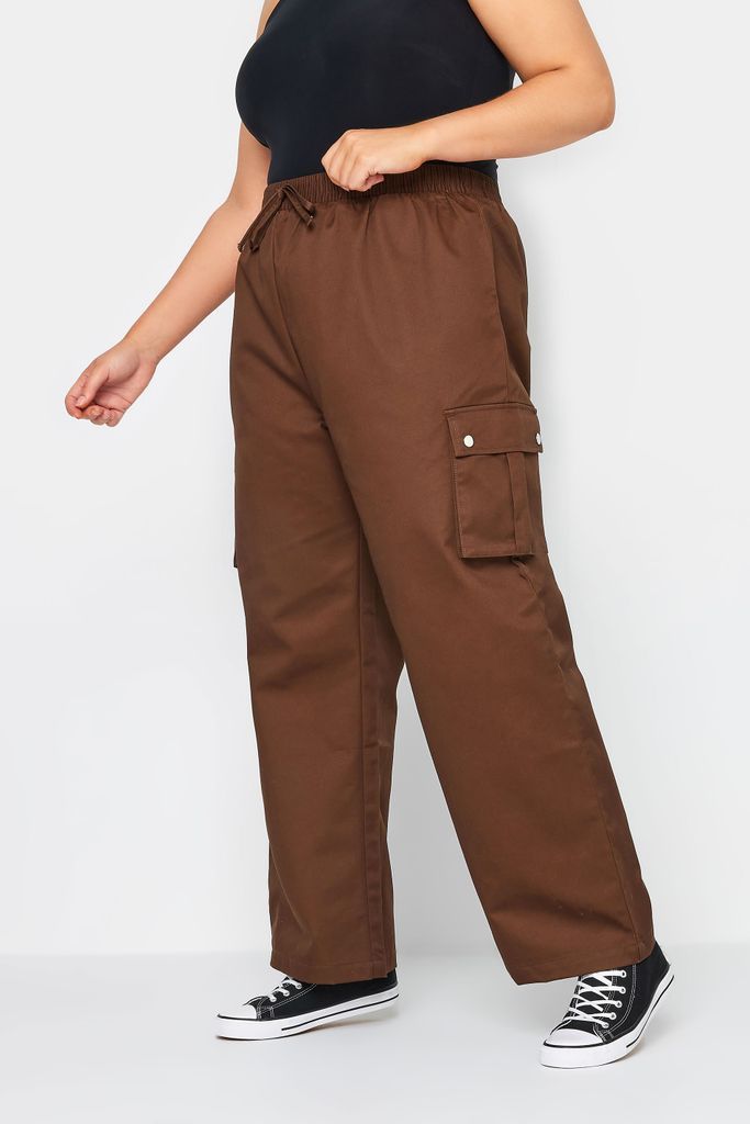 Curve Brown Wide Leg Woven Cargo Trousers, Women's Curve & Plus Size, Yours