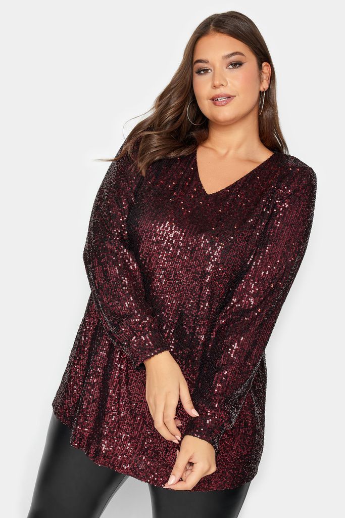 Curve Wine Red Sequin Embellished Long Sleeve Top, Women's Curve & Plus Size, Yours London