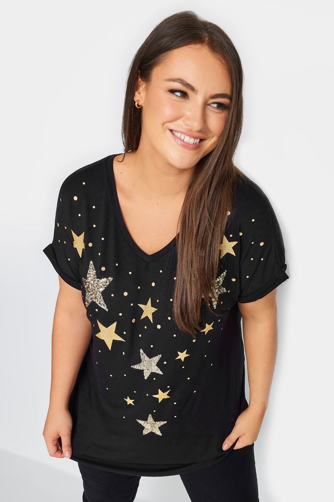 Curve Black Star Print Tshirt, Women's Curve & Plus Size, Yours