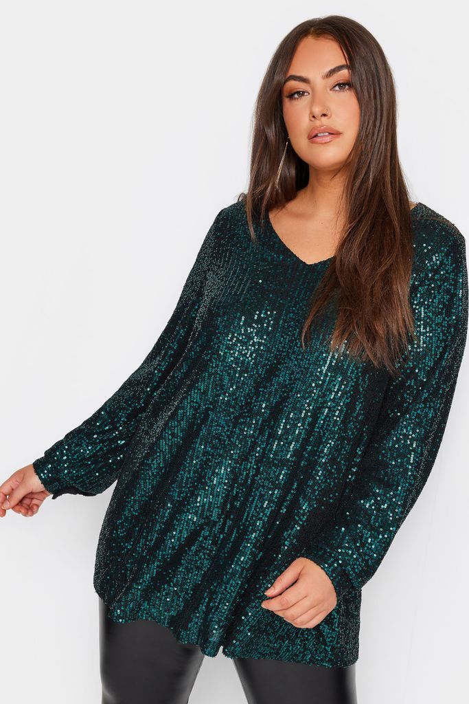 Curve Dark Green Sequin Embellished Long Sleeve Top, Women's Curve & Plus Size, Yours London