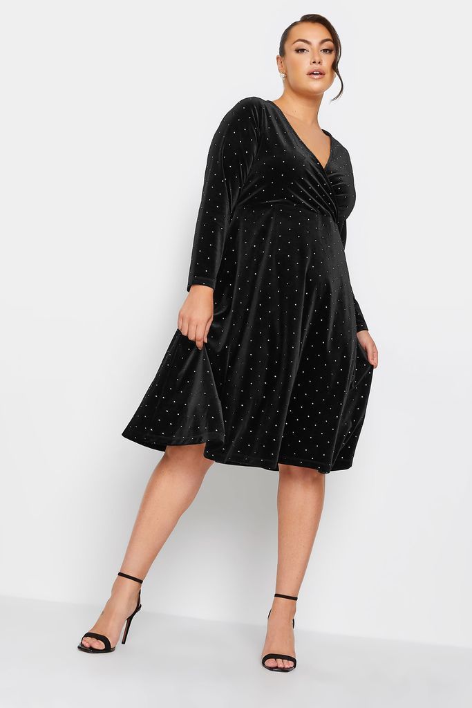 Curve Black Stud Velvet Wrap Dress, Women's Curve & Plus Size, Yours London