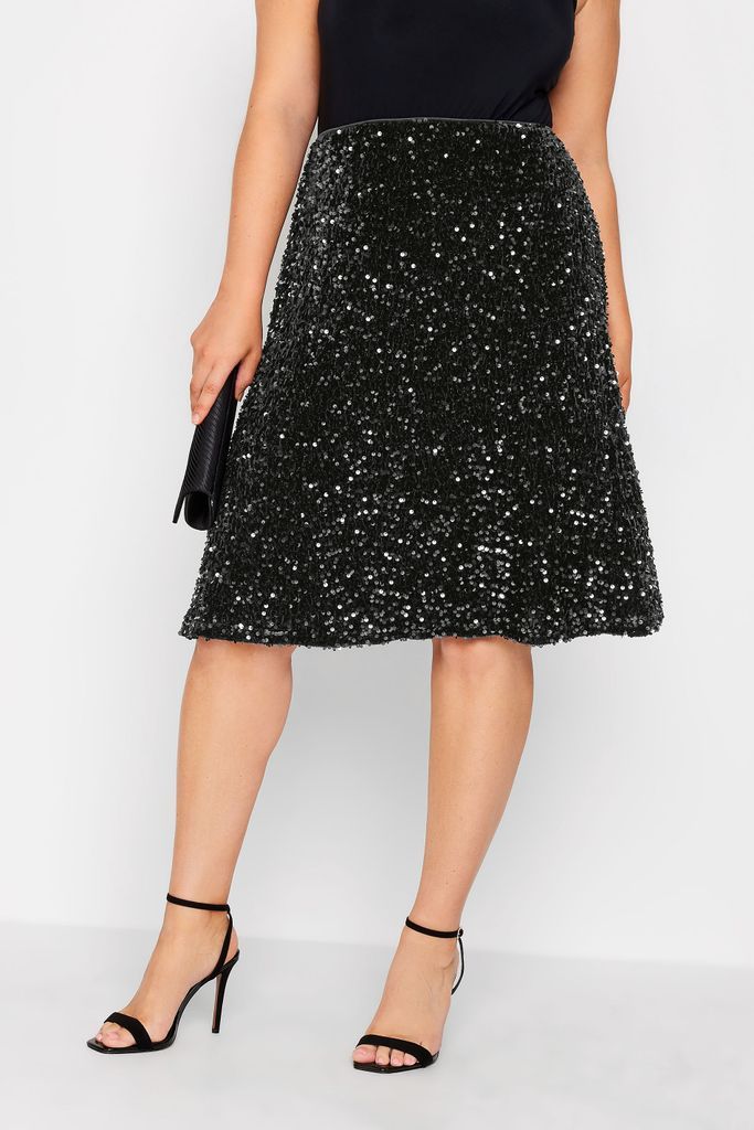 Curve Black Velvet Sequin Skater Skirt, Women's Curve & Plus Size, Yours London