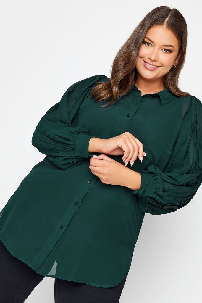 Curve Dark Green Pleat Sleeve Shirt, Women's Curve & Plus Size, Yours London