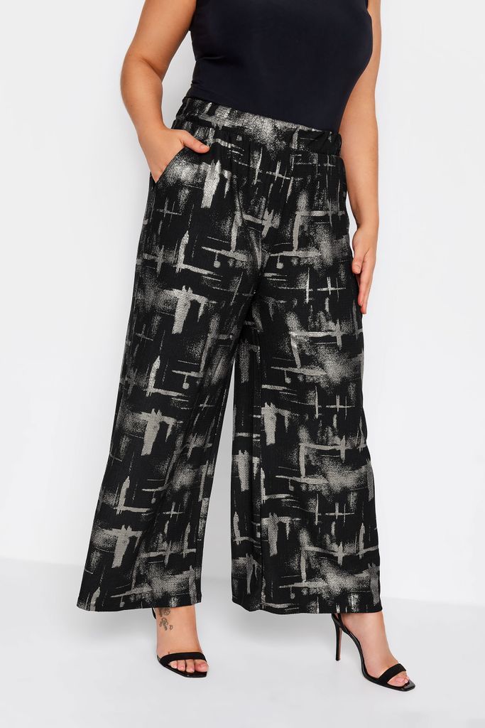 Curve Black & Silver Abstract Print Wide Leg Trousers, Women's Curve & Plus Size, Yours