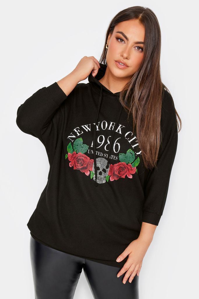Curve Black 'New York City' Slogan Embellished Hoodie, Women's Curve & Plus Size, Yours