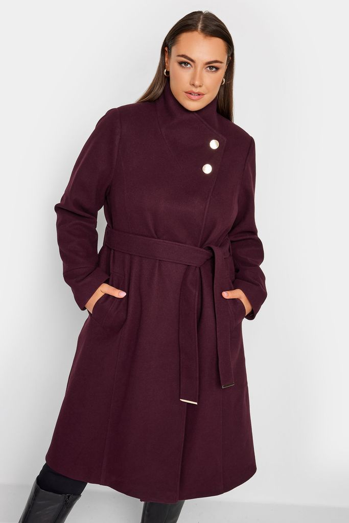 Curve Berry Red Belted Military Coat, Women's Curve & Plus Size, Yours