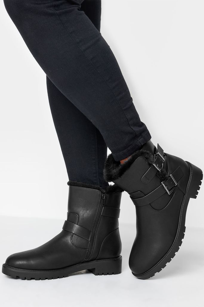 Black Faux Fur Lined Biker Boot In Wide E Fit & Extra Wide eee Fit