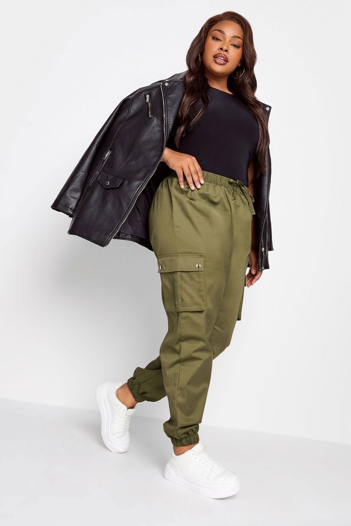 Curve Khaki Green Cuffed Cargo Trousers, Women's Curve & Plus Size, Yours