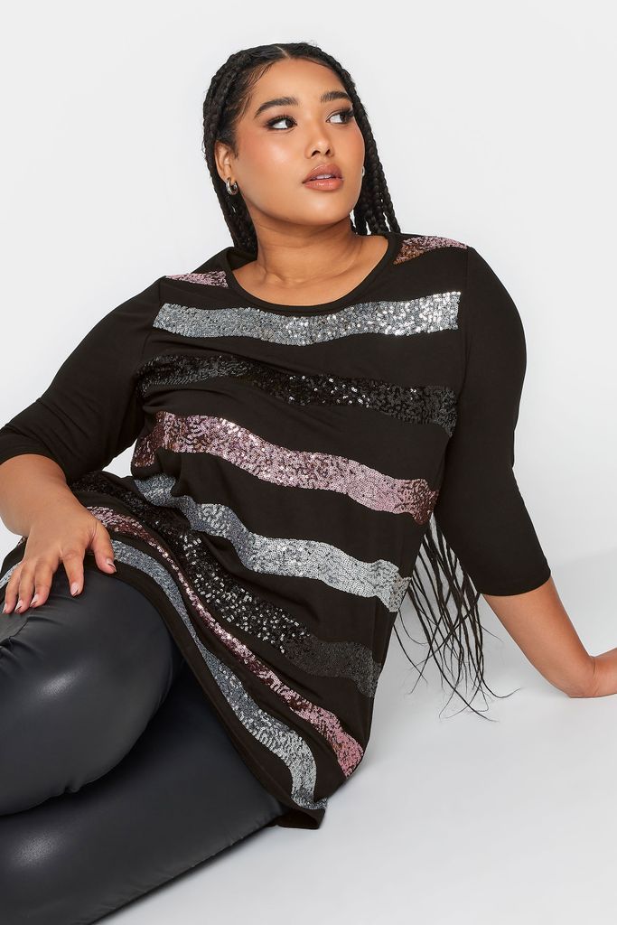 Curve Black Sequin Embellished Stripe Top, Women's Curve & Plus Size, Yours