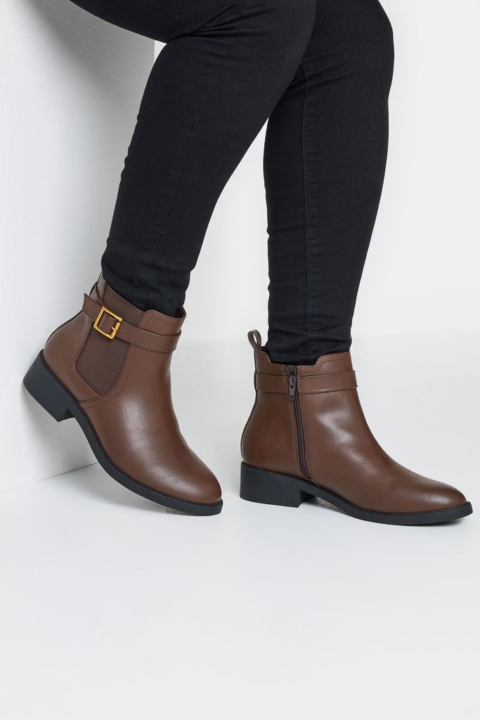 Brown Buckle Faux Leather Ankle Boots In Wide E Fit & Extra Wide eee Fit