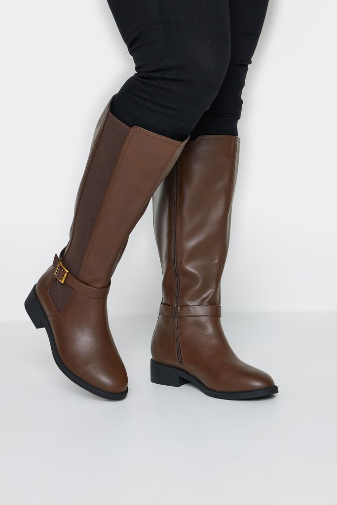Brown Strap Knee High Boot In Extra Wide eee Fit