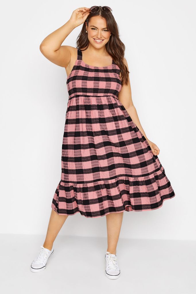 Curve Pink Check Shirred Midi Smock Sundress, Women's Curve & Plus Size, Yours