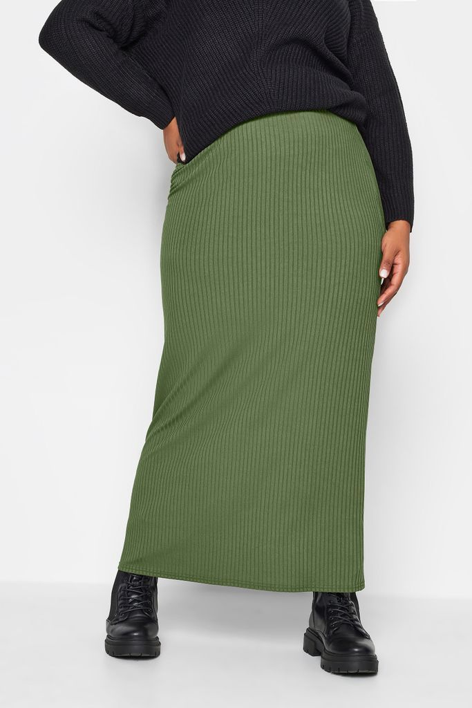 Curve Khaki Ribbed Maxi Skirt, Women's Curve & Plus Size, Yours