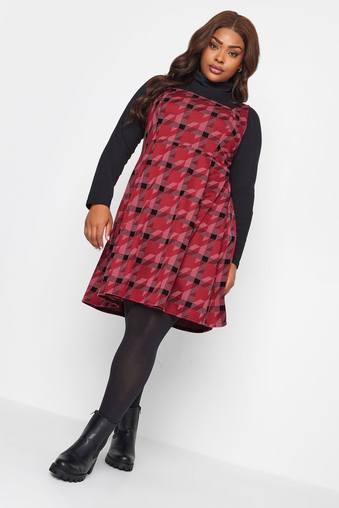 Curve Red Dogtooth Square Neck Pinafore Dress, Women's Curve & Plus Size, Limited Collection