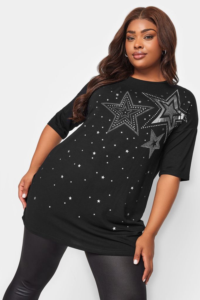 Curve Black & Sequin Embellished Star Tshirt, Women's Curve & Plus Size, Yours