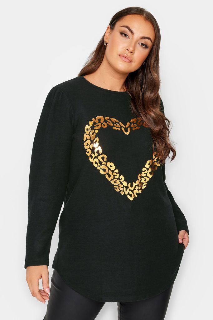Curve Black Leopard Foil Heart Print Top, Women's Curve & Plus Size, Yours