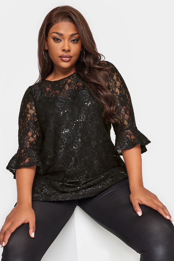 Curve Black Lace Sequin Embellished Swing Top, Women's Curve & Plus Size, Yours