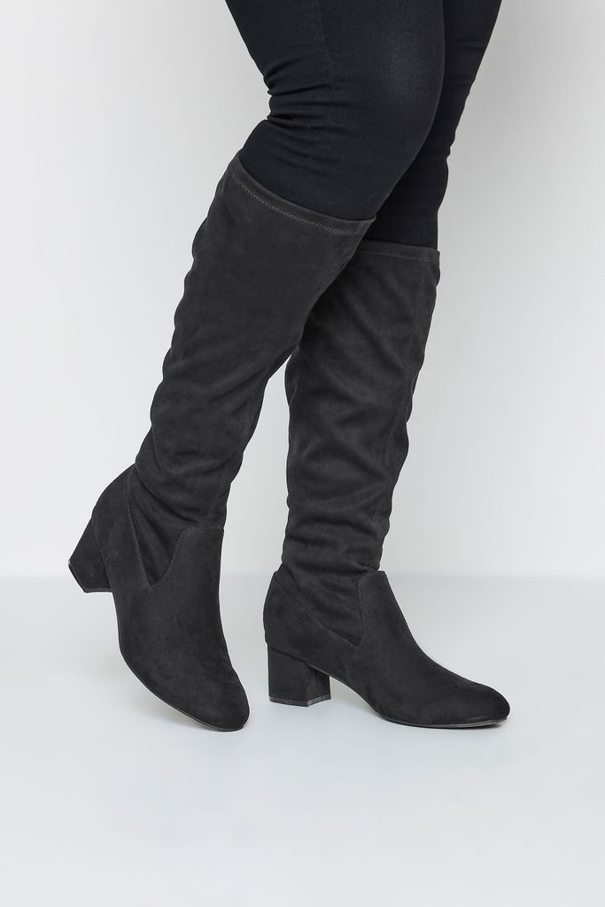 Black Faux Suede Stretch Back Knee High Boots In Wide E Fit & Extra Wide eee Fit