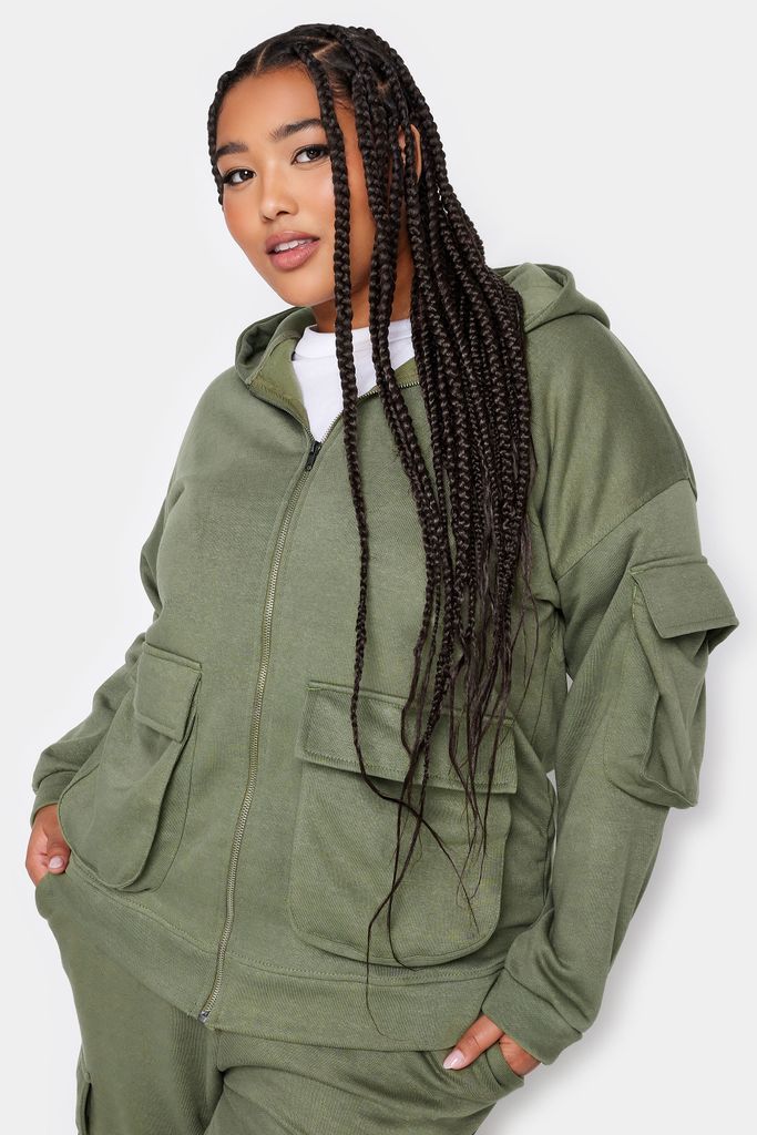 Curve Khaki Green Utility Pocket Zip Through Hoodie, Women's Curve & Plus Size, Yours