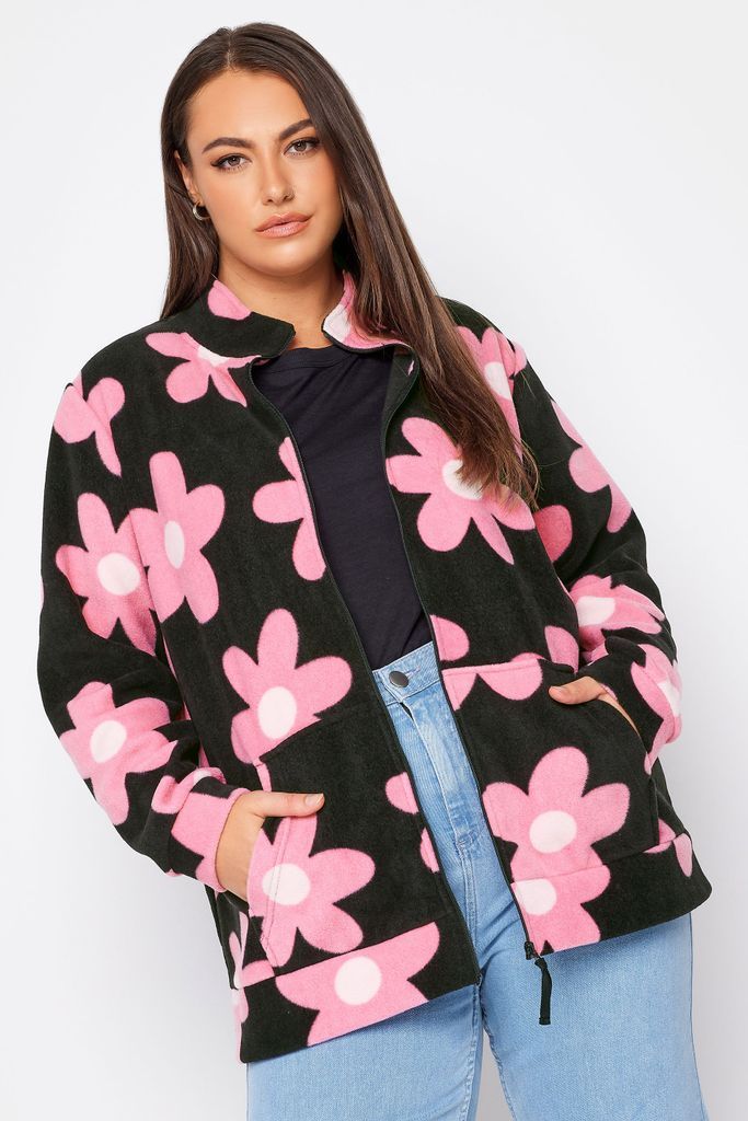 Curve Black Floral Zip Fleece Jacket, Women's Curve & Plus Size, Yours