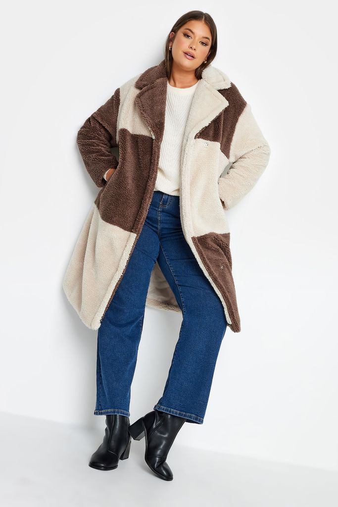 Curve Cream & Brown Check Teddy Maxi Coat, Women's Curve & Plus Size, Yours