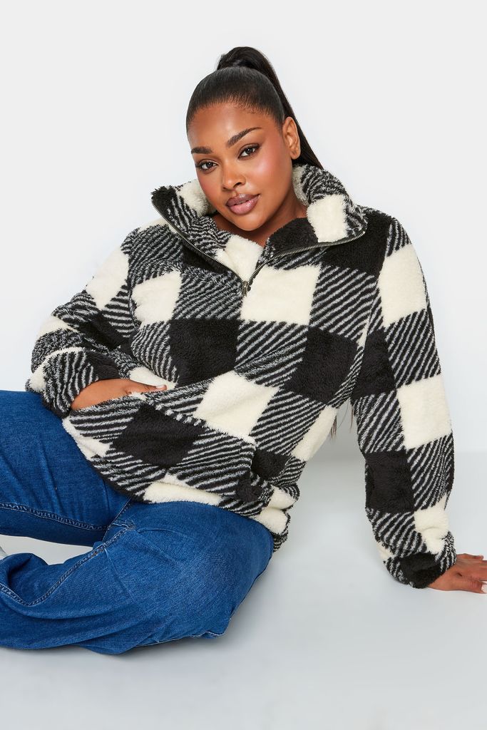 Curve Black Check Print Half Zip Fleece Sweatshirt, Women's Curve & Plus Size, Yours